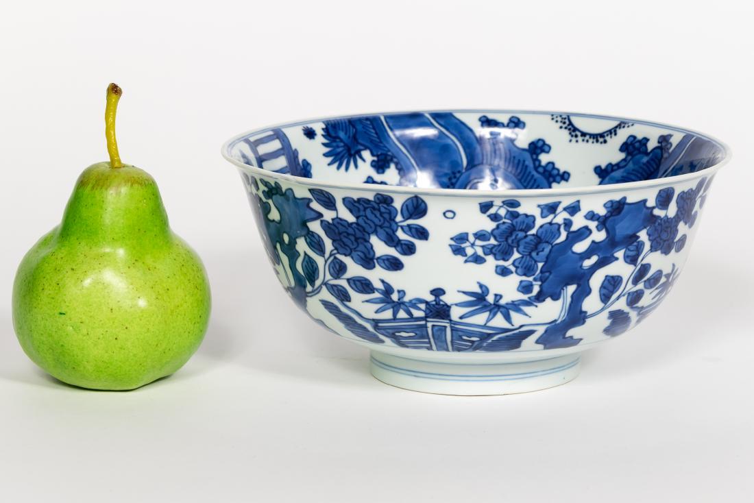 Chinese Qing Dynasty Kangxi period fine porcelain bowl: Description: in blue underglaze on white ground with figural scene to interior depicting three figures around a games table. Underside with label for Henry Moog. Underside with Kangxi period mark. App