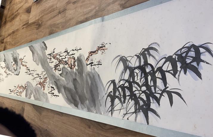 Chinese scroll painting of stones and flowers. Signed (1 of 4)