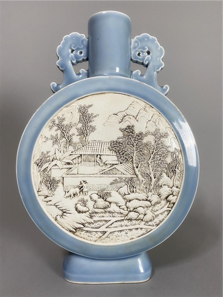 Wang Bingrong carved porcelain, sky blue glazed (1 of 7)