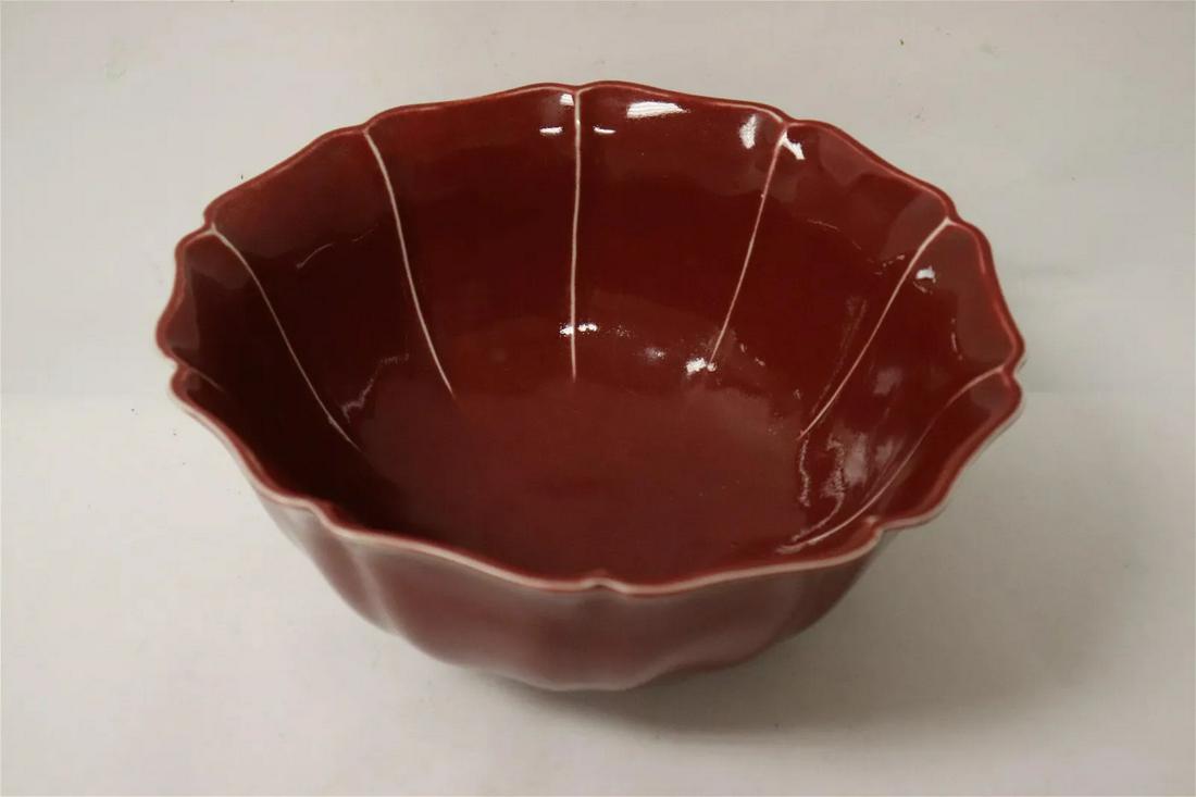 A     CHINESE  Ming Dynasty YONGLE Year System style   large red glazed bowl with foliate shape (1 of 9)