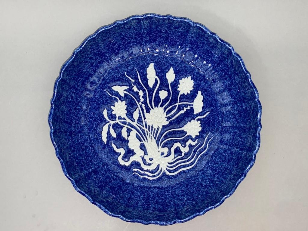 Chinese Ming Dynasty Xuande Year System  style.  blue glazed and white carved flower mouth plate (1 of 6)