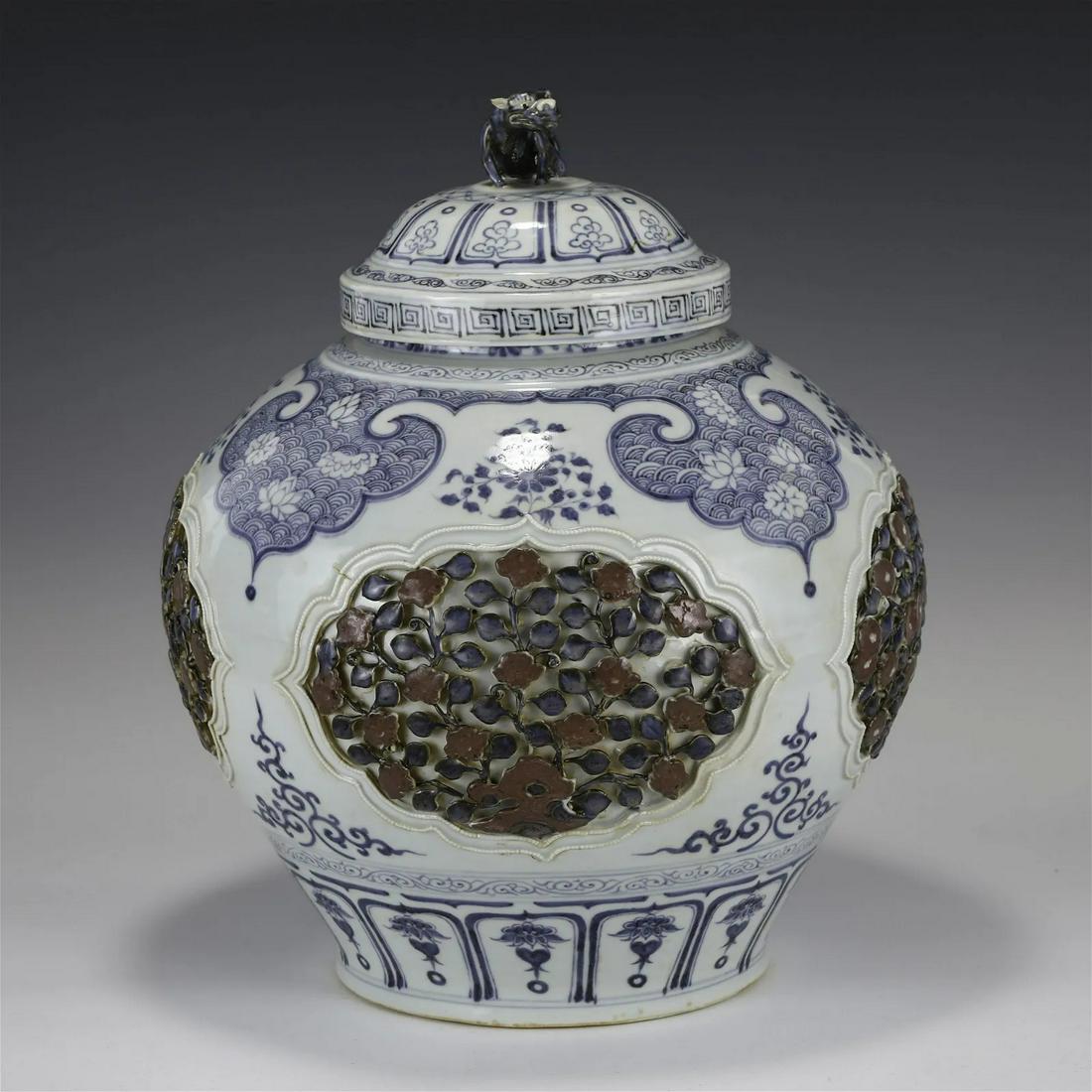 Chinese Yuan Dynasty Blue and White Carved Porcelain Lidded Jar (1 of 11)