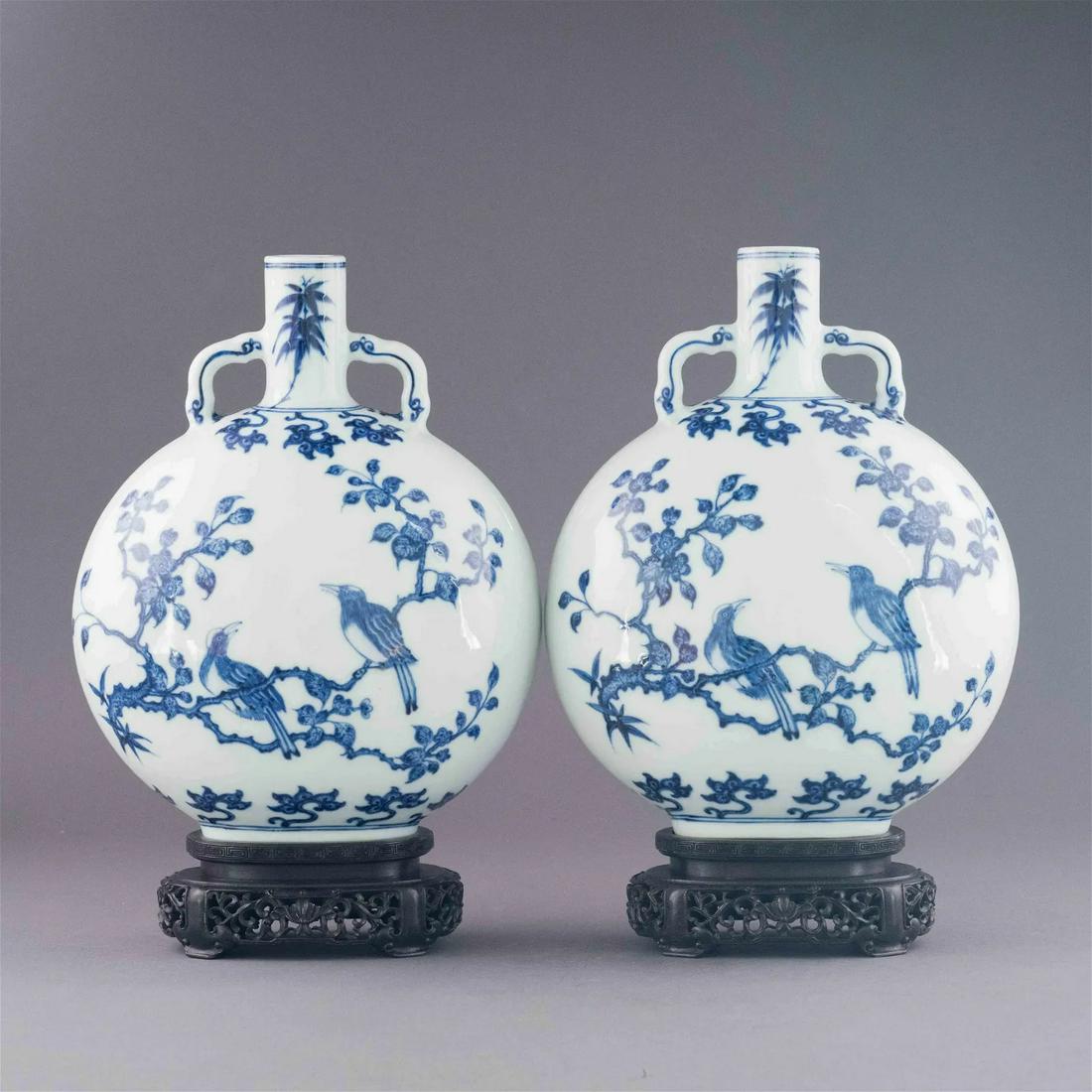 Pair of Chinese Qing Dynasty Period, Yongzheng blue and white magpie & prunus porcelain moon vases (1 of 8)