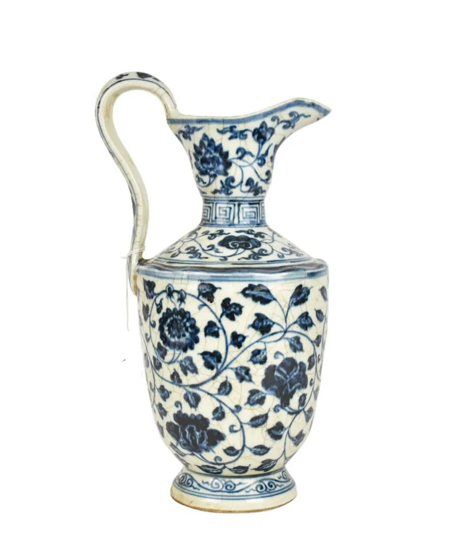 Chinese Blue & White Porcelain Ewer - A blue & white porcelain ewer with scrolling floral motif (1 of 5)