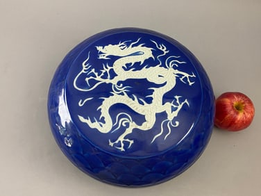 Chinese Asian Blue Glazed White Dragon Pattern Cover porcelain Jar