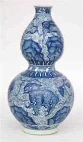 Chinese Qing Dynasty Blue and White Auspicious Beast Gourd porcelain Bottle