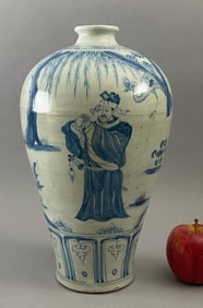 Chinese Blue and White Figure Bottle Meiping Porcelain