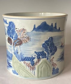 A Chinese Qing Dynasty Kangxi polychrome porcelain pen holder