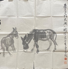 Chinese ink painting on paper Master HuangZhou, pair of donkeys