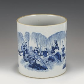 Chinese Asian Early Qing Dynasty Chinese blue and white porcelain brush holder with figural patterns