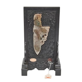 Chinese Jade and Hardstone Dagger on a Carved Stand