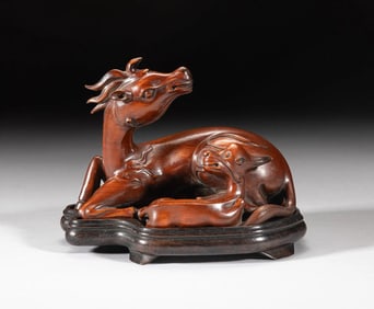 Chinese Boxwood Figure of horse mom and kid sculpture