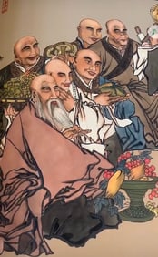 Chinese fine paper-cutting painting on scroll of master Dai Fang: "Five Hundred Arhats."
