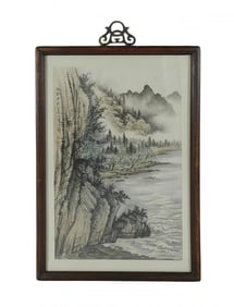 FRAMED CHINESE WATERCOLOR PAINTING OF PANORAMIC SCENE