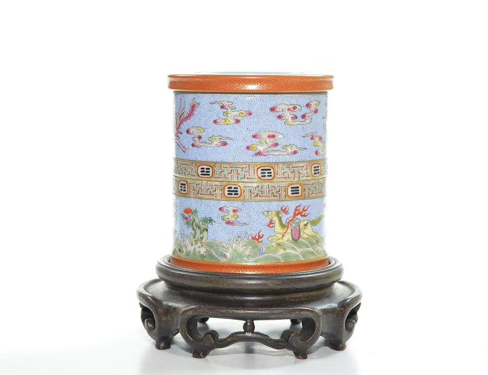 Chinese rear upper portion and lower section fine porcelain: The finely potted porcelain has a revolving upper portion and fixed lower section, depicting Taoism characters and figures with gilt rims and base. 5" H. Provenance: Private Collection of an Important
