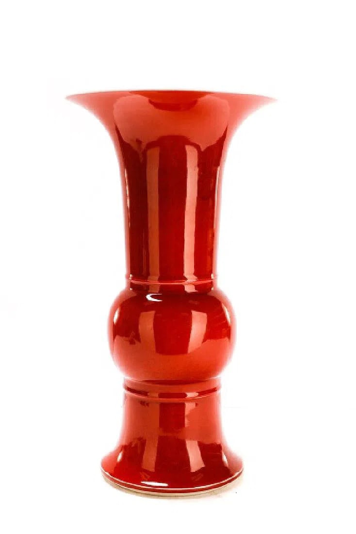 Chinese, Large porcelain peachbloom vase of gu form with flaring rim above cylindrical body (1 of 5)