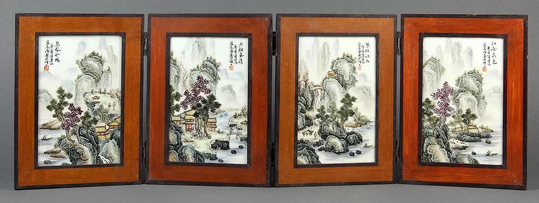 Chinese small four panel folded table screen inset with a landscape porcelain plaque (1 of 7)