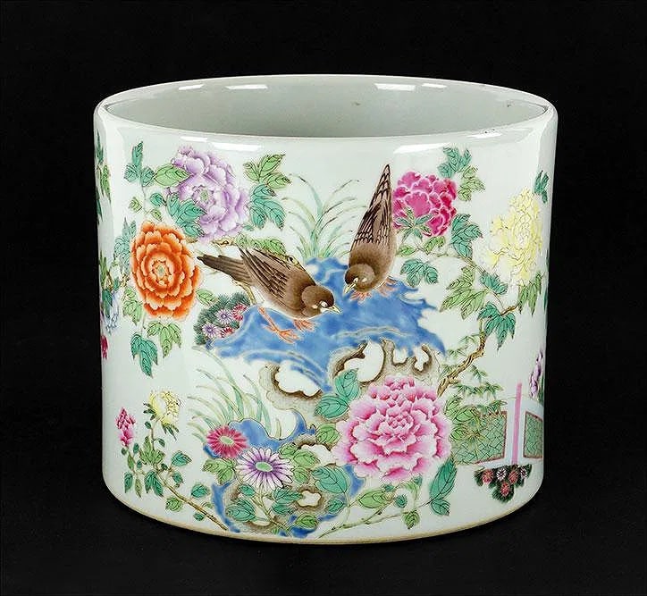Chinese Porcelain Brush Pot: A Chinese Porcelain Brush Pot. Bearing a polychrome enameled decoration of birds and flowers, with an underglaze six-character Yongzheng mark within double blue rings on the underside 6.25" x 7.75",