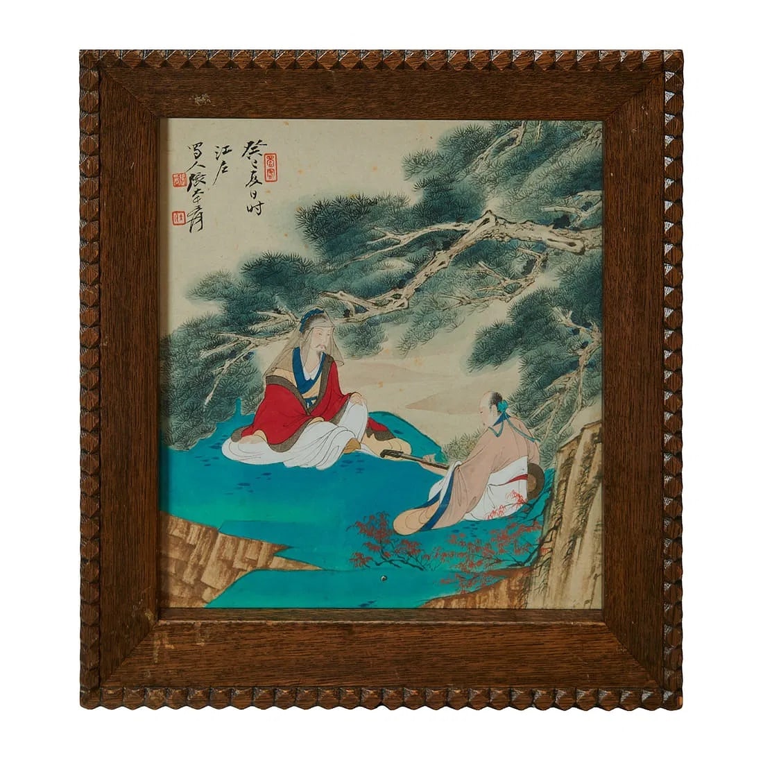 Chinese Antique Watercolor Painting of Scholar & Attendant in Landscape, Signed with Seals, Framed: Zhang Daqian signed figure painting, {painting dimensions: 10 1/2 x 9 1/4 inches; frame dimensions: 13 1/2 x 12 3/8 inches}.Presented for auction is a charming Chinese watercolor and ink painting depi