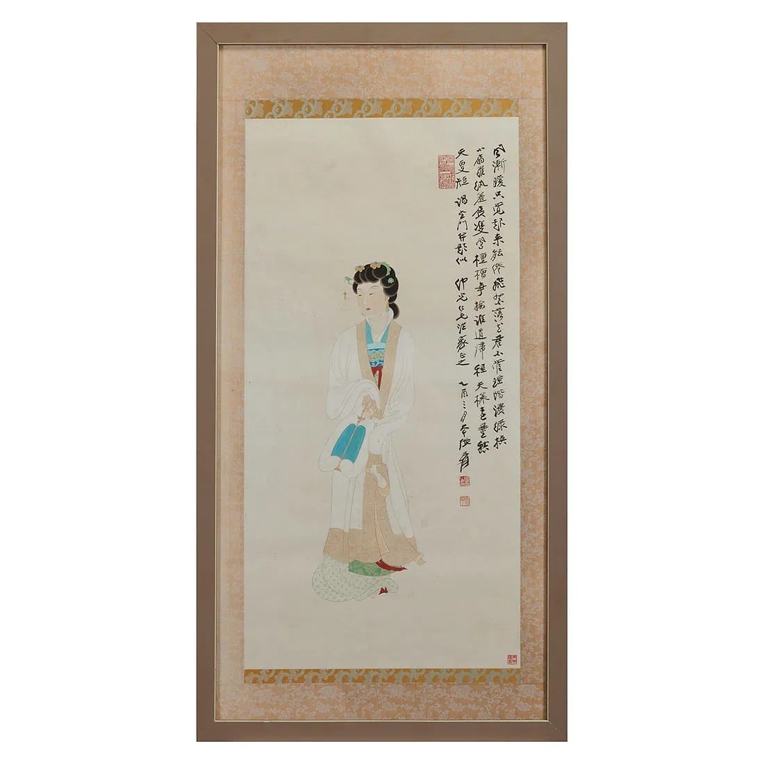 Asian Chinese painting of Zhang Daqian (1899-1983), Beauty. Ink and color on paper, Framed: Attributed to Zhang Daqian (1899-1983), Beauty. Ink and color on paper, dated 1945, signed with two artist seals and two collector seals, framed and glazed. {Image size: 16 x 32.8 inches}.