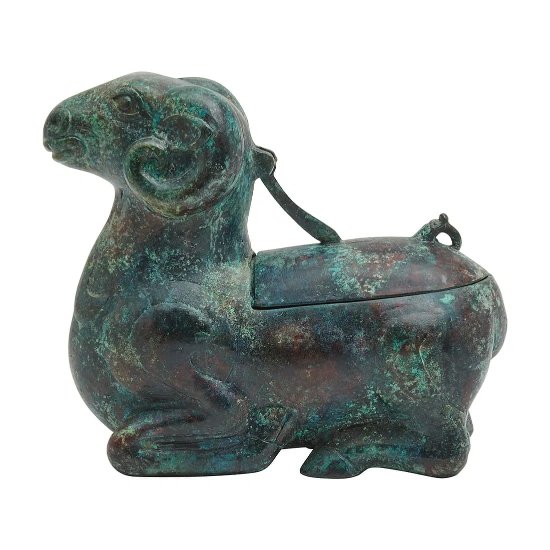 Asian Chinese Bronze Ram Form Incense Burner, Han Dynasty Style with Rich Malachite Patina: Asian Chinese Bronze Ram Form Incense Burner. Cast in the form of a ram kneeling on four legs, the back opening though through a cover attached to the back of its head, the tail as the handle. {Height