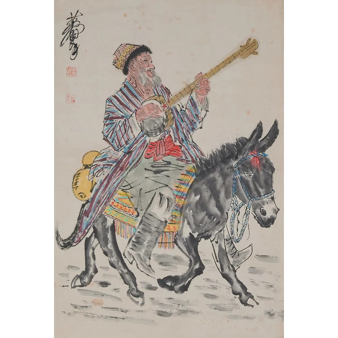 Asian Chinese painting of Huang Zhou (1925-1997), Figure and Donkey. Ink and color on paper (1 of 3)