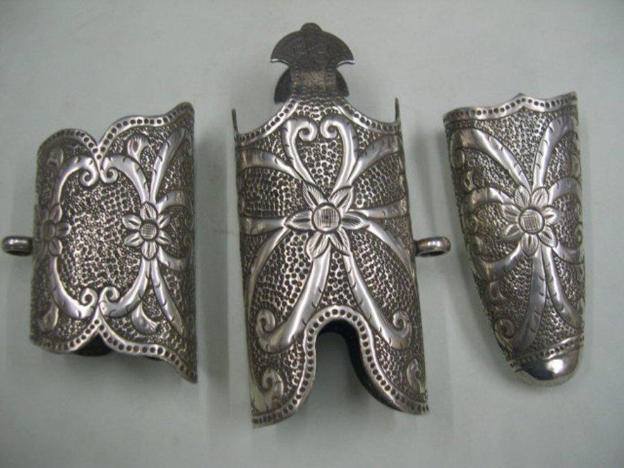 PERSIAN ANTIQUE SILVER EMBOSSED SWORD SCABBARD SET: Unique rare vintage indo Persian sword Scabbard silver plated hand embossed set of 3.Made of heavy brass with thick micron silver plating.The set measures 5.5, 3.85, 4 inches.