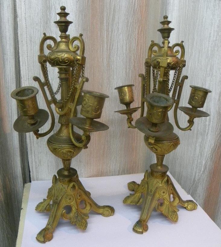 ANTIQUE BRONZE GILDED FRENCH CANDELABRA PAIR CIRCA 1860 (1 of 7)