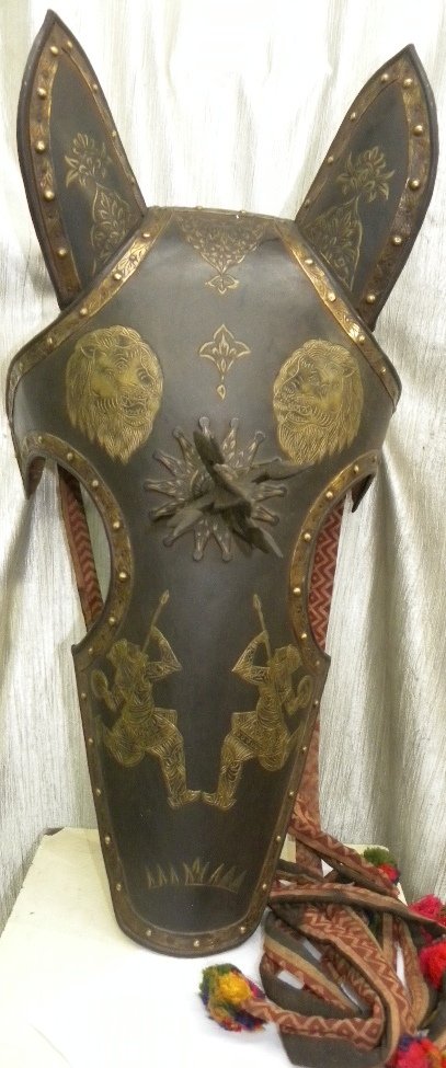 19th.c WARRIOR HORSE FACE MASK PERSIAN 2 LIONS TRIDENT (1 of 8)