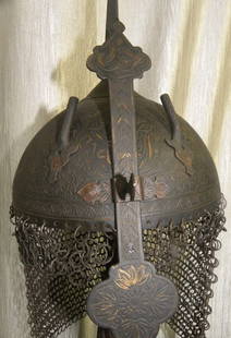 ANTIQUE ISLAMIC KHULA KHUD HELMET ARABIC INSCRIPTION: Dating: Antique. Province :Indo Persian. Made : Made of heavy iron , hand hammered and hand chisel. Skull :Hand engraved medallions with Arabic inscription & flower motifs engraved. .Nasal Guard : Sli