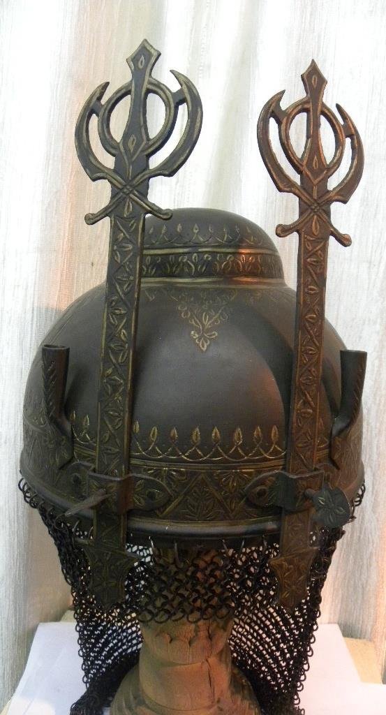 RARE INDIAN SIKH WARRIOR HELMET 2 KHANDA SYMBOL (1 of 9)