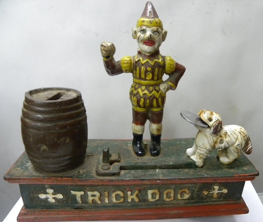 ANTIQUE MONEY BOX GERMAN JOKER  DOG FIGS CAST IRON SIGN (1 of 4)