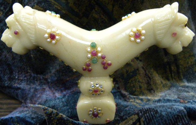 ANTIQUE PERSIAN JADE INDIAN DAGGER HANDLE 2 LION GEMS (1 of 6)