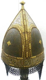 RARE MILITARY TURKISH WARRIOR STYLE WARRIOR HELMET SILVER GOLD ARABIC CALLIGRAPHY: Amazing Military Turkish style warrior helmet with god and silver work,Arbic calligraphy to invoke God,s power and blessing to win battle. Rare helmet of conical form with silver & gold work . The