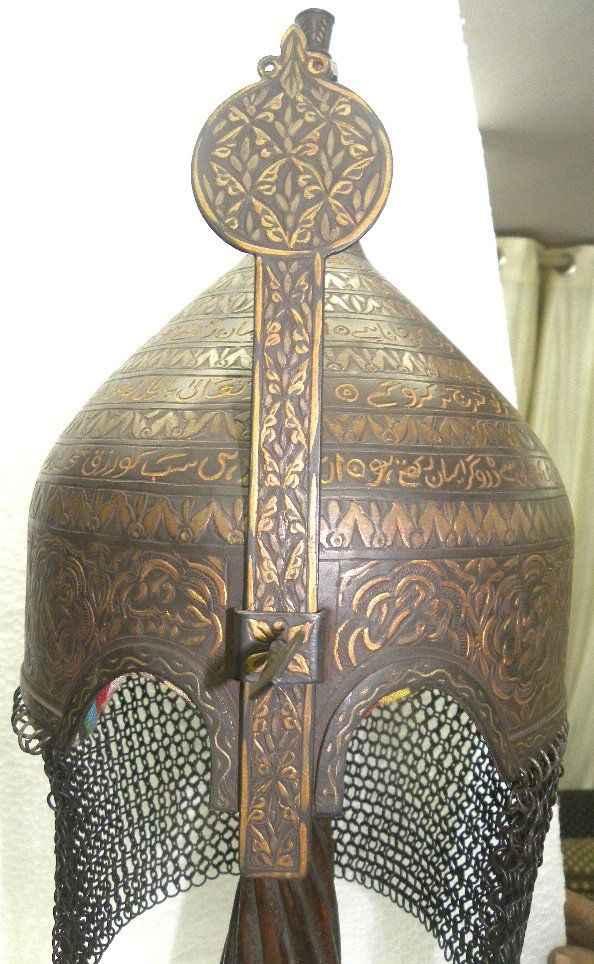 RARE MILITARY ISLAMIC WARRIOR HELMET 3 VERY THIN LAIR CALLIGRAPHY SKULL: UNUSUAL AMAZING MUGHAL STYLE WARRIOR HELMET ARABIC CALLIGRAPHY INSCRIPTION Indo Persian warrior helmet. Made of Hand forged steel, hand hammered and hand chiseled. Entire Skull of helmet has very thin