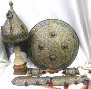 AMAZING PERSIAN WARRIOR SET CALLIGRAPHY SHIELD, HELMET, HAND GUARD