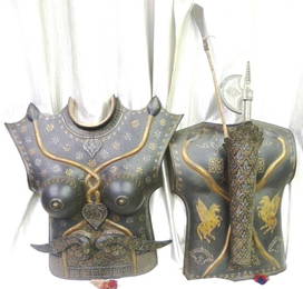EXCEPTIONAL MILITARY FEMALE WARRIOR CHEST PLATES SNAKE FIGS. BOTH SIDES SILVER PLATED