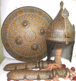 SET OF 3PIECE PERSIAN ARMOUR CHISELED & INLAYED HELMET ( KULAH KHUD ) SHIELD & ARMGUARDS