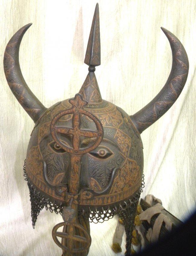 ARMOUR PERSIAN WARRIOR HELMET(KULAH KHUD) DEMON DEVIL FACE 2 HORNS SKULL LAVISH FLOWER MOTIFS (1 of 7)
