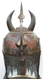 ARMOR COLLECTOR CHOICE PERSIAN WARRIOR HELMET 2HORN DEMON DEVIL FACE ARABIC CALLIGRAPHY CUT DEIGN