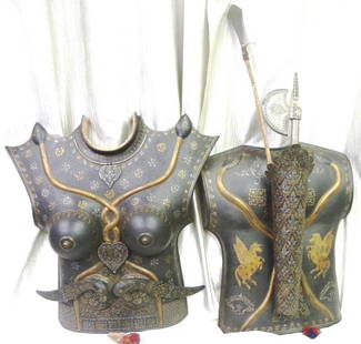 ARMOR FEMALE MUSEUM LEVEL WARRIOR CHEST PLATES SNAKE FIGS. BOTH SIDES 2 AXE SILVER: ARMOR FEMALE MUSEUM LEVEL WARRIOR CHEST PLATES SNAKE FIGS. BOTH SIDES 2 AXE SILVER USD 2,000 - 2,200Province : Asian. Made: Hand forged steel, hand hammered and chiseled engraving. Set: Consist of 2 p