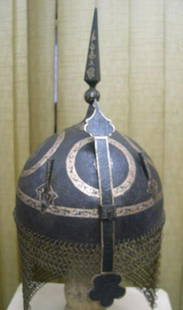 ARMOUR PERSIAN WARRIOR HELMET ( KULAH KHUD) ARABIC INSCRIPTION SKULL 4 ROUND CIRCLE RARE: Made : Hand forged steel , hand hammered and hand chiseled , skull made in one piece , the riveted crown Plate with screw mounted, quadrangular spike, have round circle with 4 engraved circle with ins