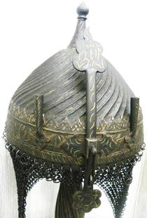 ARMOUR PERSIAN WARRIOR HELMET VINE BANDS ARABIC CALLIGRAPHY: Province : Persian .Made : Hand forged steel , hand hammered and hand chiseled , skull made in one piece , the riveted crown Platewith screw mounted, quadrangular spike. Nasal guard : The movable nasa