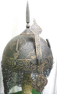 ARMOUR RARE MUGHAL WARRIOR HELMET (KHULA KHUD)FRENCH STYLE 8 BIRDS ARABIC INSCRIPTION: A COLLECTOR CHOICE PERSIAN WARRIOR HELMET WITH 8 BIRDS CHISELED AND ARABIC INSCRIPTION .Made: Made of heavy iron, hand hammered and hand chisel. Skull: The helmet bears an chiseled engraving of 8 bird