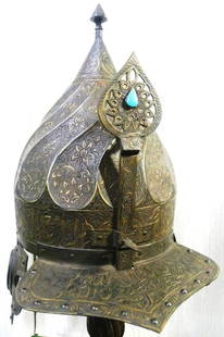 ARMOUR A COLLECTOR CHOICE OTTOMAN WARRIOR HELMET JEWEL VIOSR NECK EAR GUARD ARABIC INSCRIPTION: ARMOUR A COLLECTOR CHOICE OTTOMAN WARRIOR HELMET JEWEL VIOSR NECK EAR GUARD ARABIC INSCRIPTIONA COLLECTOR CHOICE AND RARE FIND OF OTTOMAN /TURKISH EMPIRE WARRIOR KHULA KHUD HELMET WITH JEWEL FITTED. A