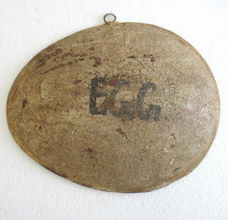 Iron embossed egg trade sign wall hanging hand made .: Iron embossed egg trade sign wall hanging hand made cutout . Size : 7.50 x 9.00 x 1.00 inch .Ref : 233 .
