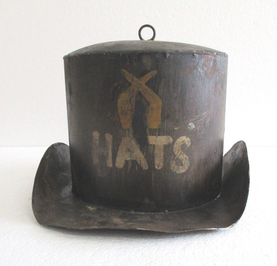 HAT ADVERTISEMENT SIGN SIGNAGE: Hand made iron hat with fine details . Hat has " HATS " written on it .Approximate size is 7.20 x 11.40 x 8.25 inch .