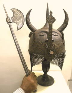 ARMOR MUSEUM LEVEL PERSIAN STYLE WARRIOR HELMET DEMON DEVIL FACE HORNS WITH SILVER AXE: INCREDIBLE MILITARY WARRIOR HELMET & MILITRY AXE SILVER WITH ARABIC CALLIGRAPHY. Province : Indo Persian / Islamic. Made: Made of hand forged steel, hand hammered and chiseled. Skull : Demon Devil