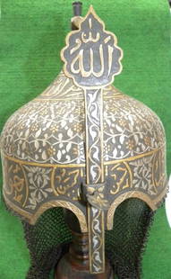 ARMOR MUSEUM LEVEL PERSIAN STYLE WARRIOR HELMET ARABIC CALLIGRAPHY ENTIRE SURFACE FLORAL ENGRAVED: Province : Persian. Made : Hand forged steel , hand hammered and hand chiseled , skull made in one piece , the riveted crown Plate with screw mounted. Nasal guard : The movable nasal bar with locking