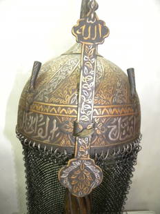 ARMOR MUSEUM LEVEL PERSIAN STYLE WARRIOR HELMET ARABIC CALLIGRPHY SURFACE VINE BANDS: INCRDIBLE PERSIAN WARRIOR HELMET VINE BAND AND DENSE FLOWERING. Province : Indo Persian. Documented : Documented in authentic war catalog & images can be seen at Google web site. Made : Made of